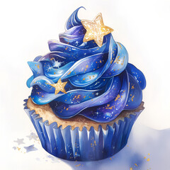 Galaxy-inspired watercolor cupcake with swirling blue frosting and star decorations