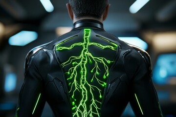 Poster - Lymphatic system, visualized as a glowing holographic display, with neon lymph nodes and lymphatic vessels in a futuristic setting