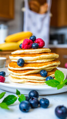 Sticker - stack golden brown pancakes topped with blueberries raspberries