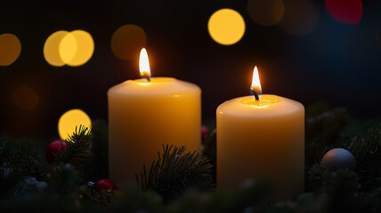 Wall Mural - Two lit candles in greenery with festive lights create a warm Christmas Eve ambiance