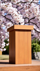 Wall Mural - wooden podium with a microphone stands before a field blossoms