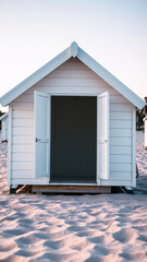 Sticker - white beach house with an open door stands on a sandy beach