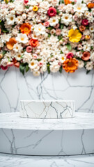 Wall Mural - white marble pedestal with colorful flower background