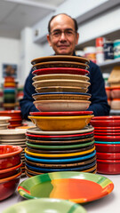 Canvas Print - stack colorful ceramic plates on a table