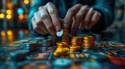 A person stacking gold coins on a digital interface, symbolizing investment or finance.