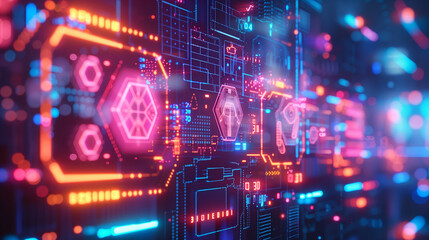  - cyber tech background wallpaper with Futuristic digital interface with transparent layers, hexagonal grids, and holographic icons glowing in a neon blue hue.