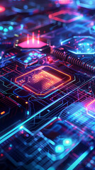 Poster - cyber tech background wallpaper with Futuristic digital interface with transparent layers, hexagonal grids, and holographic icons glowing in a neon blue hue.