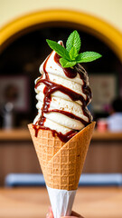 Poster - creamy vanilla ice cream cone topped with chocolate sauce mint