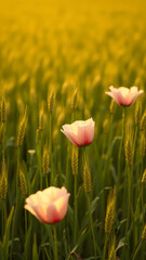 Sticker - pink flowers a field wheat at sunset