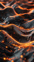 Poster - cyber tech background Abstract 3D digital waveforms with glowing points of light, resembling a futuristic tech landscape in motion.