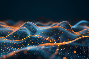 Fototapete - cyber tech background Abstract 3D digital waveforms with glowing points of light, resembling a futuristic tech landscape in motion.