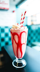 Canvas Print - creamy pink milkshake with red sprinkles striped straws