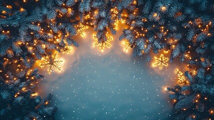 Wall Mural - Festive Christmas Tree Branches with Lights and Snowflakes