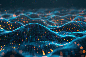 Fototapete - cyber tech background Abstract 3D digital waveforms with glowing points of light, resembling a futuristic tech landscape in motion.