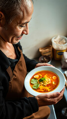 Canvas Print - person smiles while holding a bowl soup