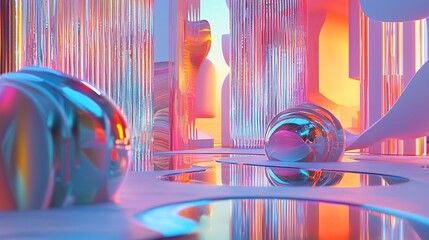 A futuristic digital landscape with abstract 3D shapes featuring holographic surfaces, reflecting and refracting light