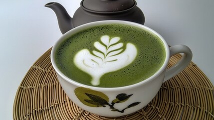 A cup of green matcha latte with a leaf design in the foam, a teapot in the background.