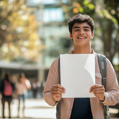 Wall Mural - person holding sign, young student holding a white piece of paper, in a free and joyful atmosphere, university student.