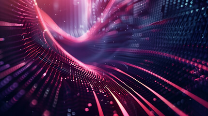 Poster - Cyber tech background with abstract data lines, flowing through a dark, metallic surface with radiant light trails.