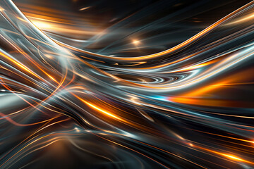 Fototapete - Cyber tech background with abstract data lines, flowing through a dark, metallic surface with radiant light trails.