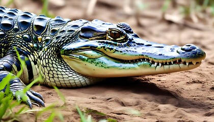 Crocodile close-up in habitat with rough skin and ground texture