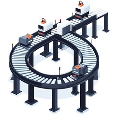 Poster - A minimalist factory conveyor belt system, manufacturing process, vector style, clean lines, isolated on white background 