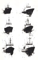 Six black and white silhouettes of ships, with a grunge aesthetic, on a white background.