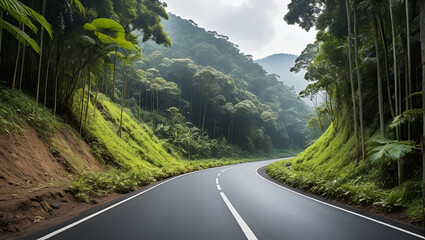 Road in the middle of the forest , road curve construction up to mountain, Rainforest ecosystem and healthy environment concept