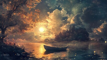 Canvas Print - Tranquil Sunset Landscape with Boat and Fireflies