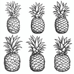 Line art set of pineapples vector illustration, tropical fruit sketch drawing collection