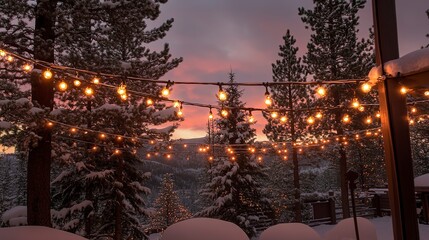 Canvas Print - Snow-covered pine trees glow softly under warm string lights, twilight sky in the background, soft bokeh effect, wide-angle shot, festive atmosphere, deep reds and greens fill the scene.  