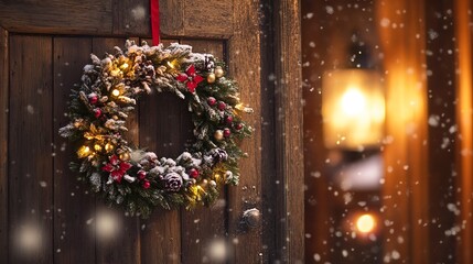 Poster - Christmas wreath hanging on a rustic wooden door, snowflakes falling, soft lighting from nearby lanterns, close-up wide-angle, cozy festive ambiance, warm glow from within the house. 