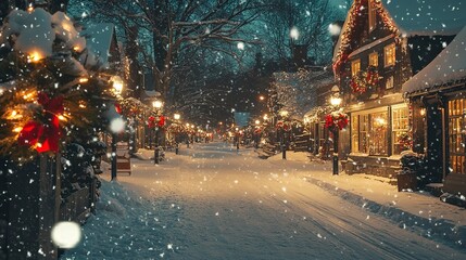 Poster - Snowy village street with holiday lights twinkling in every window, gentle snowfall, wide-angle capturing the glow of street lamps, festive reds and greens reflecting off the snow, magical atmosphere 