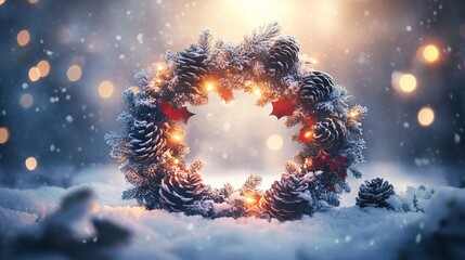 Sticker - Snowy wreath made of pine cones and holly, framing a soft glow in the center, background of falling snow and warm lights, wide-angle, gentle holiday ambiance with soft focus. 