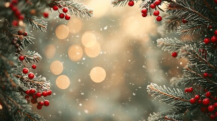 Wall Mural - Fir branches with red berries and ornaments create a natural frame, soft snowfall beyond, golden bokeh of holiday lights in the distance, warm tones, wide-angle with soft focus.  