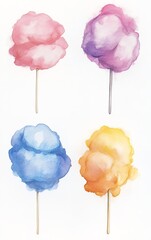 Wall Mural - Four colorful cotton candy on sticks against a white background.