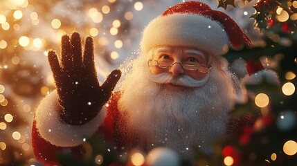 Wall Mural - Santa Claus waving, framed by holly and mistletoe, soft snowfall around him, warm bokeh lights in the background, wide-angle close-up for a festive and magical atmosphere.  