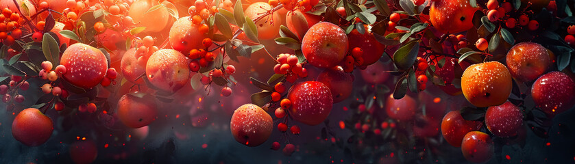 Red Apples and Berries on a Branch with Sunlight