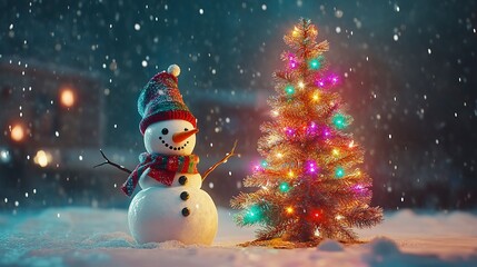 Wall Mural - Christmas pine tree glowing with colorful lights, snowman standing beside it with a carrot nose and scarf, wide shot with snow falling lightly, festive warmth in the background.  