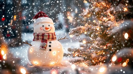 Wall Mural - Snowman in front of a brightly lit Christmas tree, snow falling around them, wide-angle shot with warm festive lights glowing on the tree, pine branches sparkling in the snowy night. 