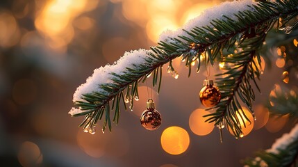 Wall Mural - Christmas tree branch in sharp focus, ornaments hanging from individual needles, macro shot with warm bokeh lights in the background, soft snow resting on the branch, festive atmosphere.  