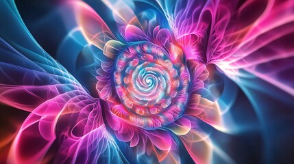 Poster - A vibrant and dynamic abstract spiral pattern in shades of pink, blue, and purple on a dark backdrop, evoking a sense of movement and energy.