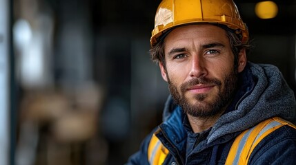 A confident construction worker in a hard hat, showcasing determination and professionalism in a dynamic work environment.