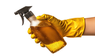 Hand in glove holding spray bottle on transparent background