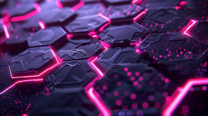 Wall Mural - tech background wallpaper 3D holographic hexagonal patterns with pulsing light trails, set against a dark, futuristic backdrop with subtle data streams.