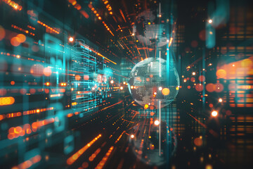 Poster - tech background wallpaper Digital sphere made of intersecting light beams, surrounded by floating geometric shapes and glowing data streams.