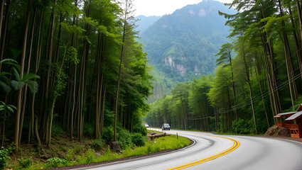 Road in the middle of the forest , road curve construction up to mountain, Rainforest ecosystem and healthy environment concept