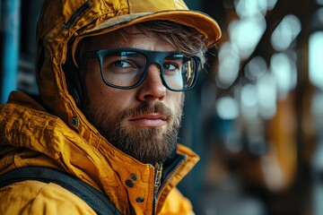 A young man in a yellow jacket and glasses, captured in an urban setting, exuding confidence and style.