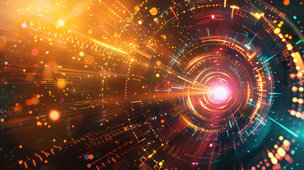 Poster - tech background wallpaper Glowing concentric circles and data particles, creating a vortex-like effect in a high-tech, futuristic background.