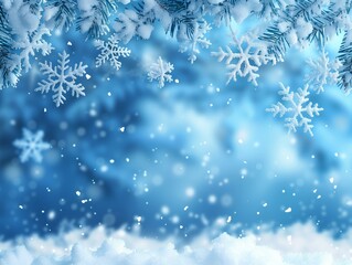 snowflakes gently falling through a tranquil blue winter wonderland landscape. generative ai